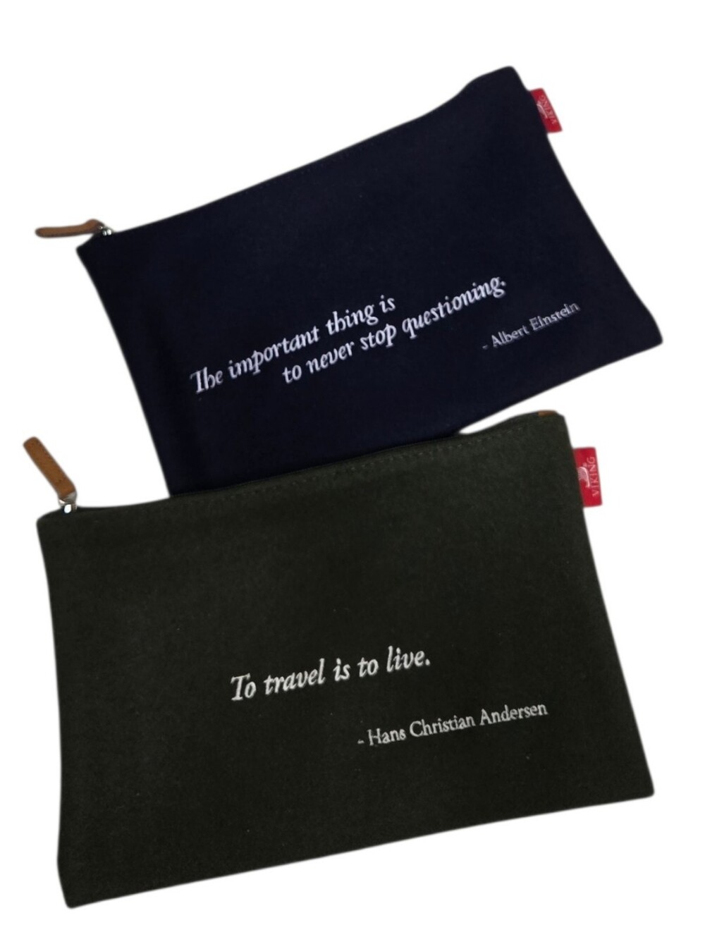 VIKING CRUISES wool green and blue embroidered quote zipper pouch bags